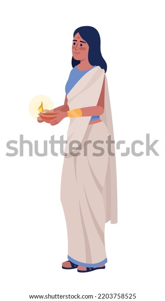 Woman Sari Burning Diya Semi Flat Stock Vector (Royalty Free ...