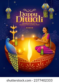 Woman in sari holding oil lamp sitting on diya lamp podium with peacock and lantern decorations.