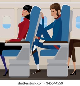 Woman sat back in a reclining seat and man behind the closely - discomfort and saving money concept