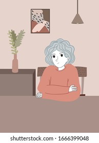 Woman sat at a desk inside the house for the holidays.Doodle art concept,illustration painting