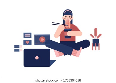 Woman sat eating noodle and watched movie on the computer. Illustration about The new normal of activity cinema at home.