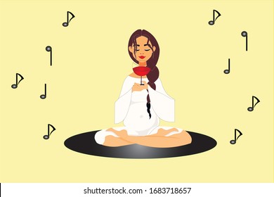 A woman sat in a lotus position on a turntable. Pregnancy, rest, relaxation, music. Musical notes in the air. Meditation and yoga