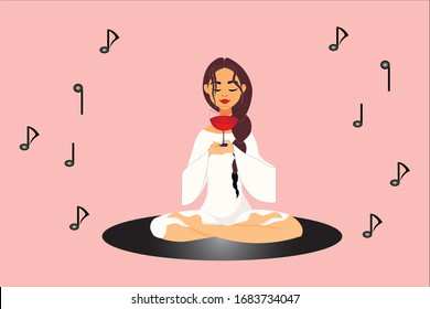 A woman sat in a lotus position on a turntable gramophone record. rest, relaxation, music. Musical notes in the air. Meditation, wine and yoga