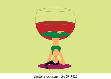 A woman sat in a lotus position upsidedown. rest, relaxation, music. Musical notes in the air. Meditation, wine and yoga