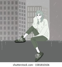 Woman sat on the balcony of the building while it was raining.Doodle art concept,illustration painting