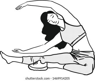 The woman sat on the floor while doing yoga  forming letter C form in side ways with her one unwear rubber shoes. concept stretching