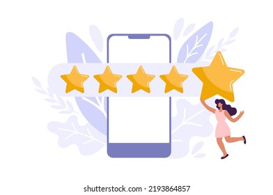 Una mujer satisfecha cliente da 5 estrellas en el smartphone. La gente retroalimenta la ilustración vectorial al dar la clasificación de estrellas. Compras en línea planas con cinco calificaciones y revisión.