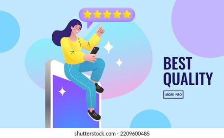 Woman satisfied customer give rating 5 stars on smartphone. People feedback by giving star rating. Online shopping. Vector flat people satisfied customer illustration.