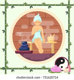 Woman in the sauna steam flat vector illustration colorful spa concept