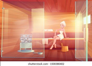 Woman in sauna take steam wellness spa procedure in bathhouse room with glass doors, hot stones and wooden shelves. Place for hygiene and relaxation at home or in hotel. Cartoon vector illustration