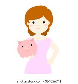 woman save money in piggy bank vector illustration