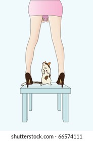 a woman saves herself on a table because she is frightened of a hamster. The hamster climbed on the table too and stands between her legs.