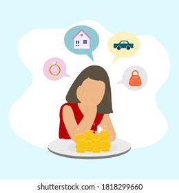 Woman saves money planing buy something. Investment to Wealth. Achieve financial goal. vector illustration flat design.