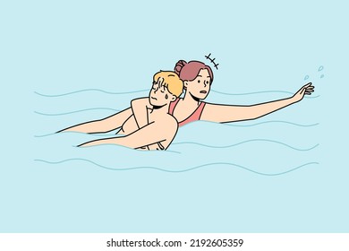 Frauen, die den Mann retten, ertrinken im Wasser. Der Rettungsschwimmer hilft einem im Schwimmbad unterwegs. Not- und Rettungsdienste. Vektorgrafik. 