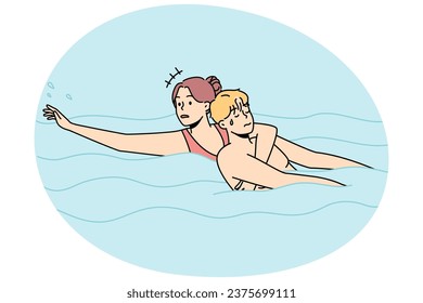 Woman saving man drowning in water. Lifeguard help guy going under in swimming pool. Emergency and rescue. Vector illustration.