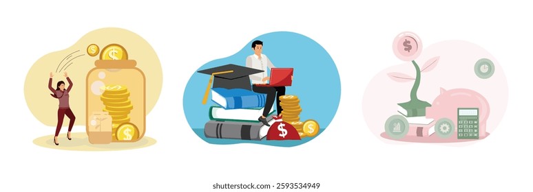 Woman saving money by bottle coins into a large jar. Academic cap and books and cost budget. Piggy Bank and Symbolic Green Plant, showcasing saving, budget growth, financial planning, and prosperity. 
