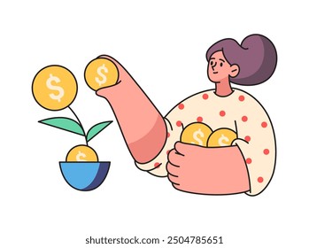 Mujer ahorrando dinero, capitalización o inversión Ilustración vectorial plana de dibujos animados. Mujer aislada con la planta que da frutas de la moneda, crecimiento de activos financieros y riqueza, éxito empresarial