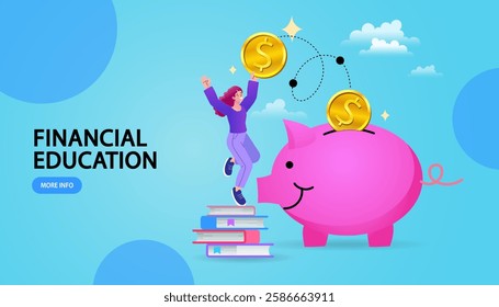 Woman saving money for education. Student characters investing money in education and knowledge. Personal finance management and financial literacy concept. student loans, scholarships. Vector
