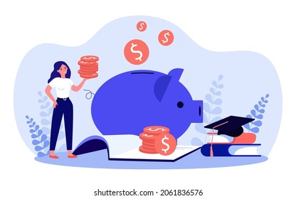 Woman saving money in piggy bank. Tiny girl holding stack of gold coins flat vector illustration. Financial education, investment, economy concept for banner, website design or landing web page