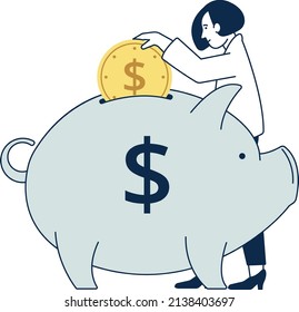Woman saving money to piggy bank. Golden coin storage