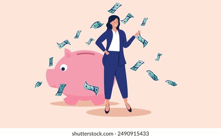 Woman saving money in piggy bank - Vector illustration of businesswoman smiling and being satisfied with financial savings and investing. Flat design with beige background