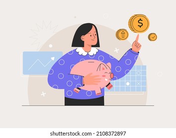 Woman saving money and putting coins in Piggy bank. Finance planning, income and expenses calculation, economic infographic, budget planning. Flat style vector illsutration.