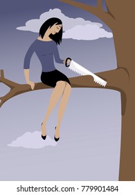 Woman sawing off a tree branch she is sitting on as a metaphor for self-sabotage, EPS 8 vector illustration svg