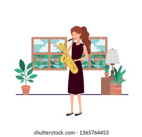 woman with saxophone in living room avatar character