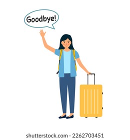 Woman say goodbye at the airport in flat design on white background.