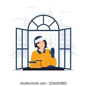 woman say hi from balcony wearing winter clothes and santa hat at christmas new year eve concept illustrations