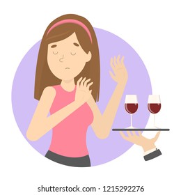 Woman Say No To Alcohol. Woman Refuse Glass Of Wine With Raised Hand As A Stop Gesture. Isolated Vector Flat Illustration