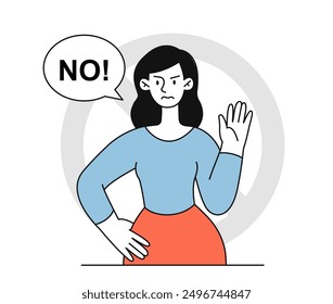 Woman say no. Young girl refuses offer. Stop sexism and gender inequality. Person reject help at sign language. Refusal and rejection. Linear vector illustration isolated on white background