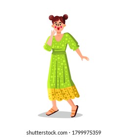 Woman Say Oops And Feel Worried And Ashamed Vector. Young Girl Saying Oops, Holding Hand Near Face And Looks Awkward. Confused Character Expression And Emotion Flat Cartoon Illustration