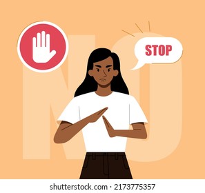 Woman say stop. Young girl next to prohibition sign or symbol. Metaphor of rejection and disagreement. Emotion, expression and gestures. Afraid character concept. Cartoon flat vector illustration