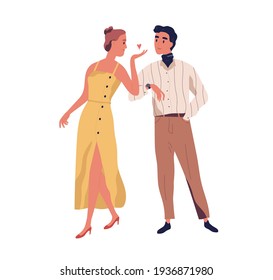 Woman Saying Bye And Sending Air Kiss To Her Beloved Man. Love Couple Of Heterosexual Partners Leaving Their Date. Colored Flat Vector Illustration Of Husband And Wife Isolated On White Background