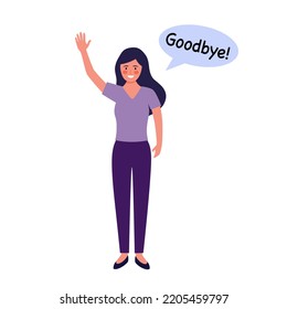 Woman Saying Goodbye In Flat Design On White Background.