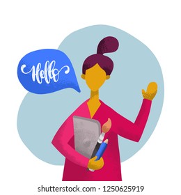 Woman saying Hello, flat icon. Vector illustration of artist, designer with speech bubble in minimalist style. Used for web, social networks, users app.