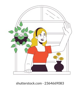 Woman saying hello flat line concept vector spot illustration. Caucasian girl on balcony, Neighbor 2D cartoon outline character on white for web UI design. Editable isolated color hero image