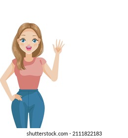 Woman saying hello. Templates presented by people. Copy space for text and product.