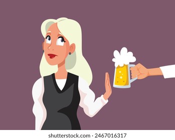 
Woman Saying No to Alcoholic Drink Vector Cartoon Illustration.  Girl on a diet saying no to beer offered by a friend 
