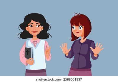 
Woman Saying No to a Bible Saleswoman Vector Concept Illustration. Atheist person does not want to learn more about religion 
