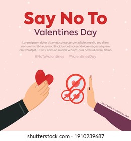 Woman saying no to valentines day. Say no to valentines day post for social media. Woman hand blocking hearts. Man giving heart to a woman. Muslim Woman refusing to celebrate valentines day.