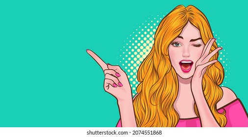 woman saying something and point her hand pop art comics style.