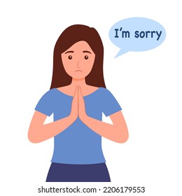 Woman saying I’m sorry in flat design on white background. Apologize.