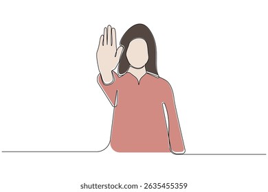 Woman saying stop one-line art drawing. Woman showing stop hand gesture vector isolated on white background