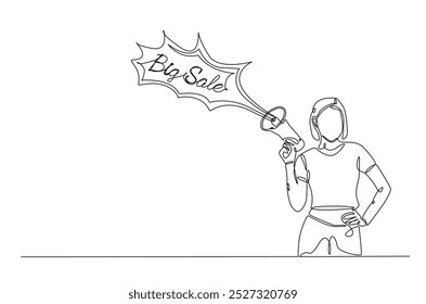 Woman says big sale with megaphone in continuous one line drawing. Single line art illustration of big sale, discount, shopping concept. Editable vector.