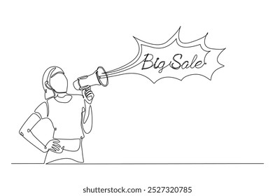 Woman says big sale with megaphone in continuous one line drawing. Single line art illustration of big sale, discount, shopping concept. Editable vector.