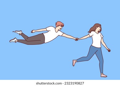 Woman says follow me and holds hand of flying man who wants to be always with girlfriend. Boyfriend floats through air follows girlfriend for concept of complete trust in partner in young family