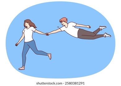 Woman says follow me and holds hand of flying man who wants to be always with girlfriend. Boyfriend floats through air follows girlfriend for concept of complete trust in partner in young family