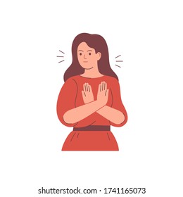 The woman says NO with the gesture, she turns away and crosses her hands. The girl expresses dissatisfaction and disagreement. Body language and nonverbal communication. Vector illustration